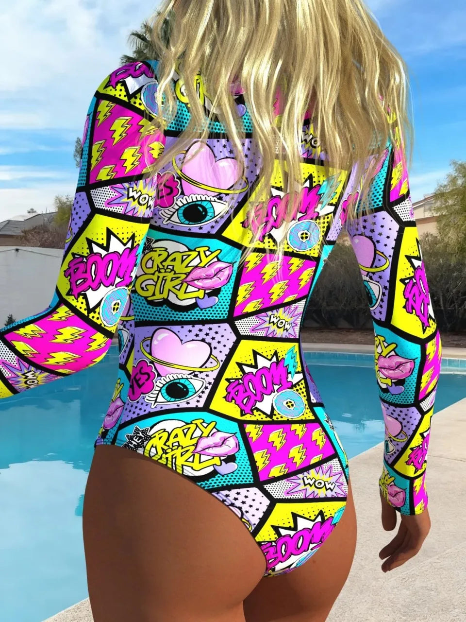 Women's Long Sleeve Print Rash Guard Swimsuit | Front Zipper Surf Suit Up to XXL