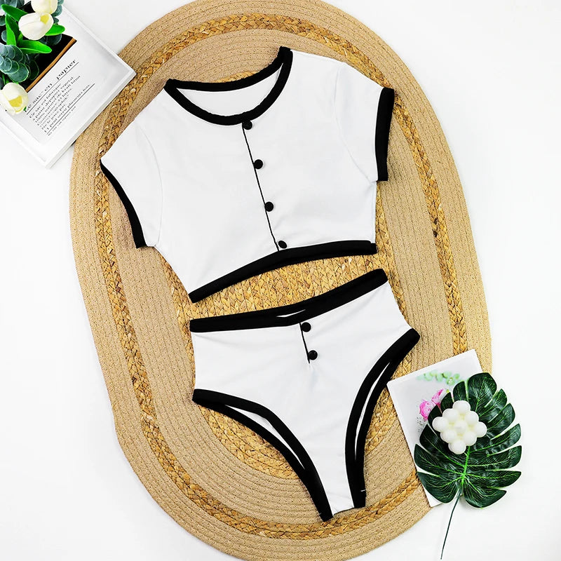 Women's High Waist Ribbed Bikini Set | Two-Piece Swimwear with Shorts