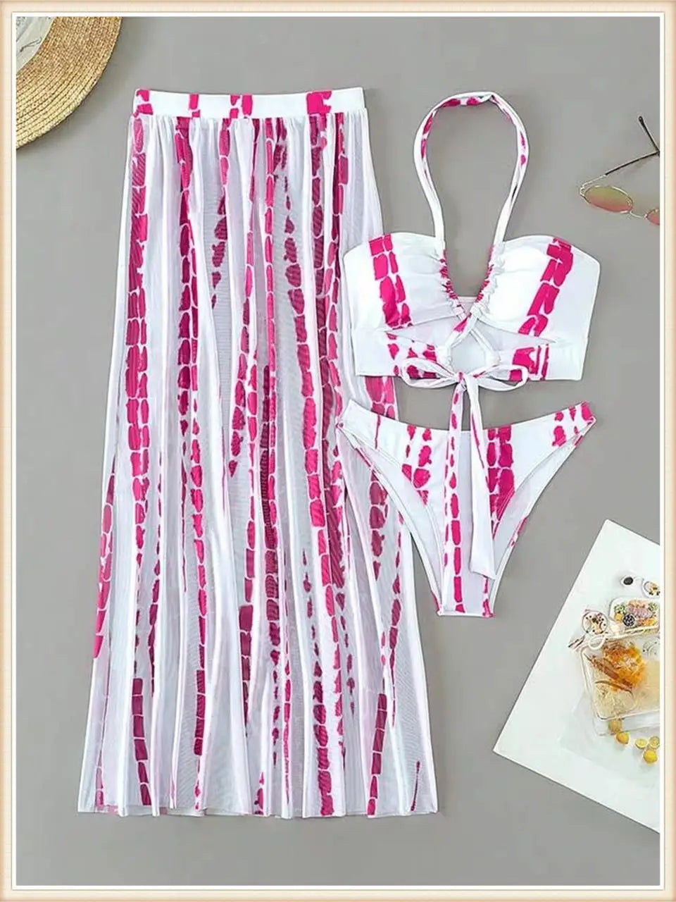 Tie Dye 3 Piece Bikini Set for Women - Cross Halter Swimsuit with Cover Up Pants