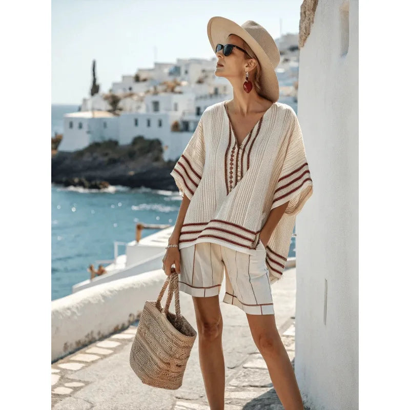 Women's Bohemian Striped V-Neck Shorts Set | Casual Beach Vacation Two Piece Outfit