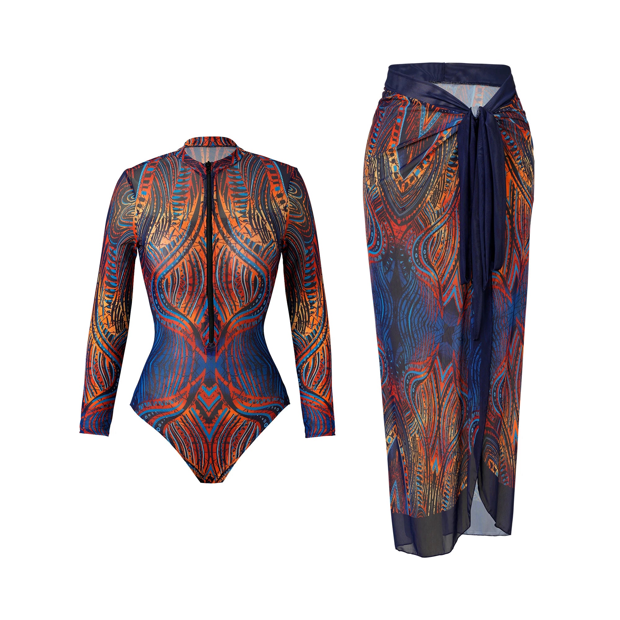 Mesh Zipper Bikini Set for Women - Sexy High Waist Long Sleeve Two Piece Swimwear