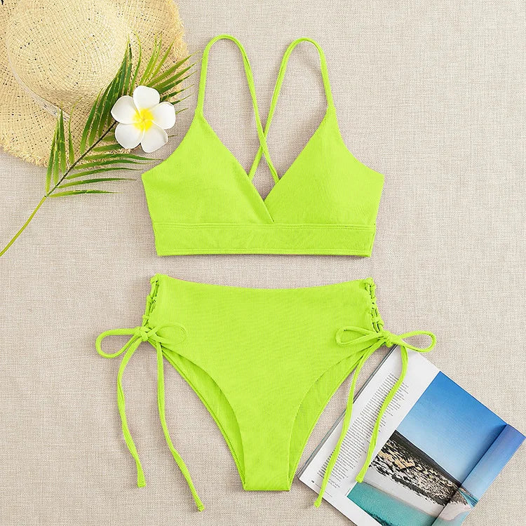 CIKINI Women's V-Neck Lace Up Bikini Set | Solid Color Triangle Swimwear