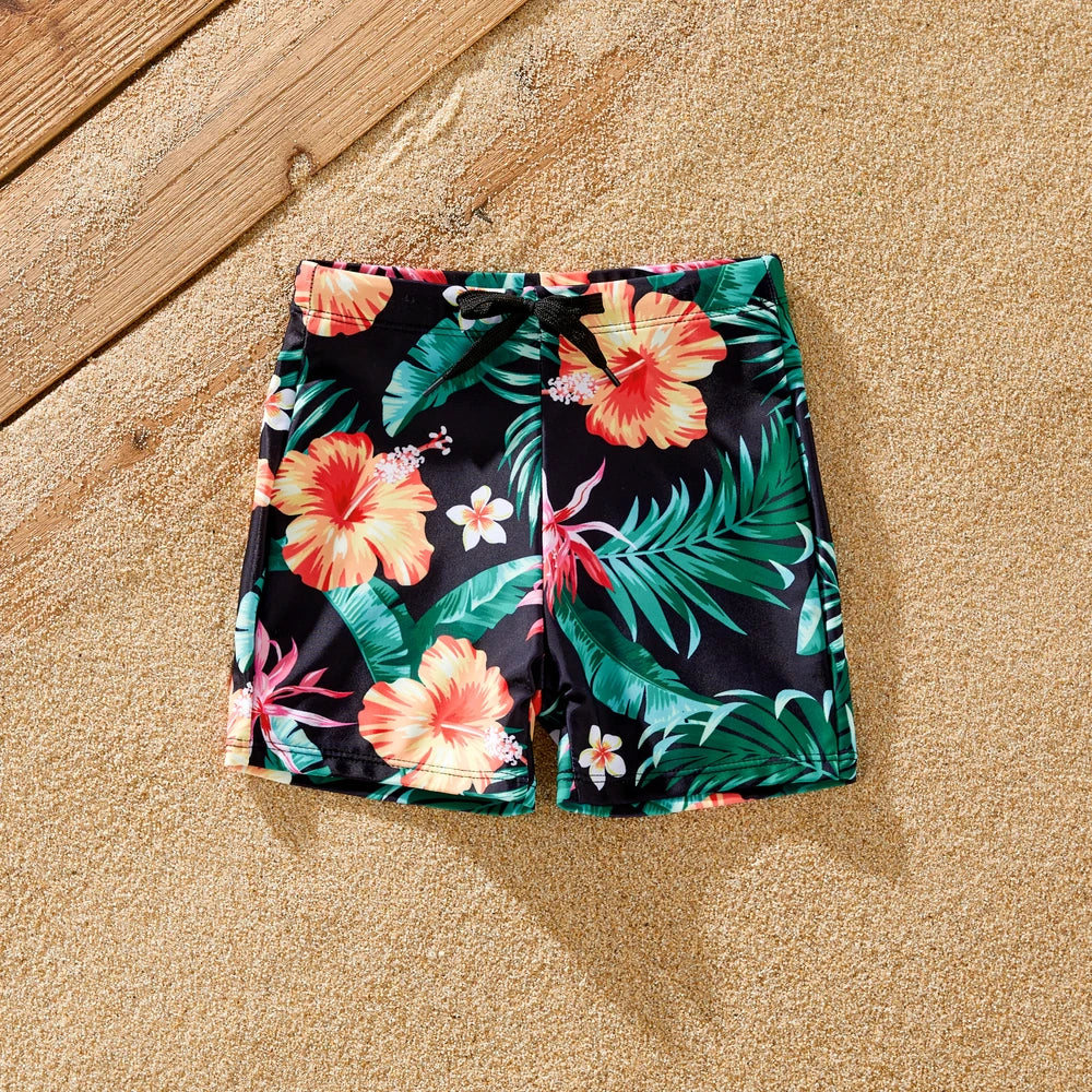 Family Matching Tropical Floral Drawstring Swim Trunks or Shell Edge Bikini