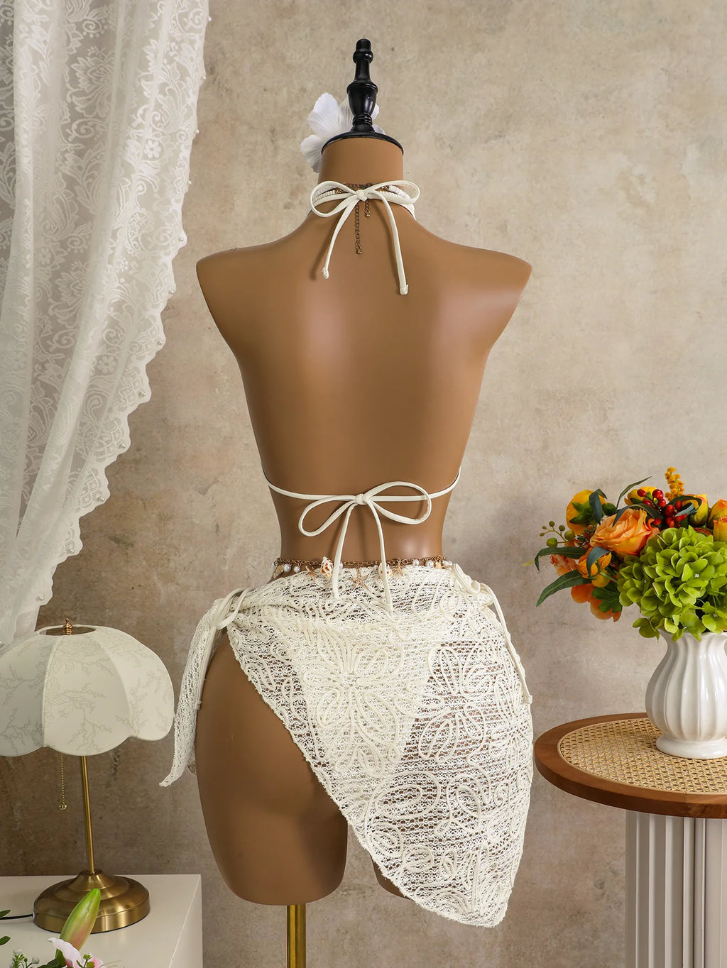 Women's 3-Piece Floral Embroidered Bikini Set | Halter Top with Shell Mesh Sarong Cover Up