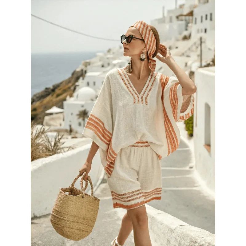 Women's Bohemian Striped V-Neck Shorts Set | Casual Beach Vacation Two Piece Outfit