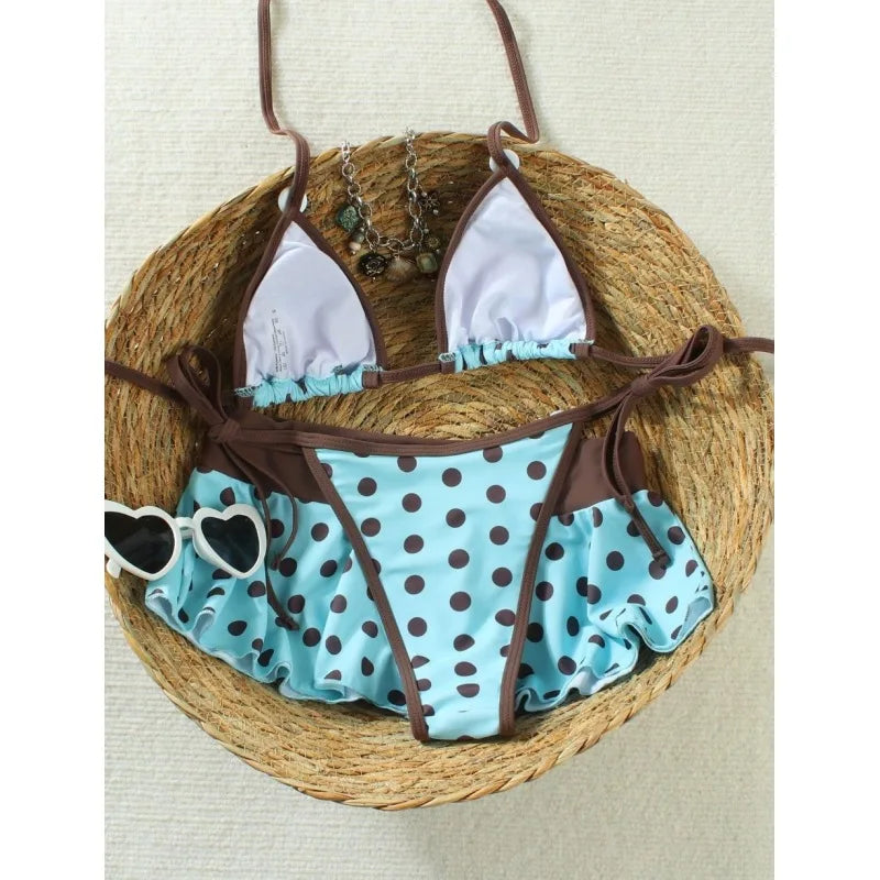 Women's Vintage Polka Dot 3-Piece Bikini Set | Ruffle Skirt Cover Up with Button Trim