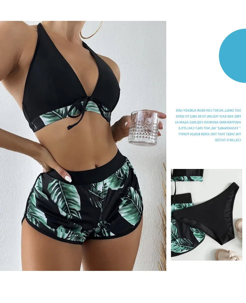 Leaf Print 3 Piece Bikini Set - Women's Sexy High Waist Swimsuit for the Beach