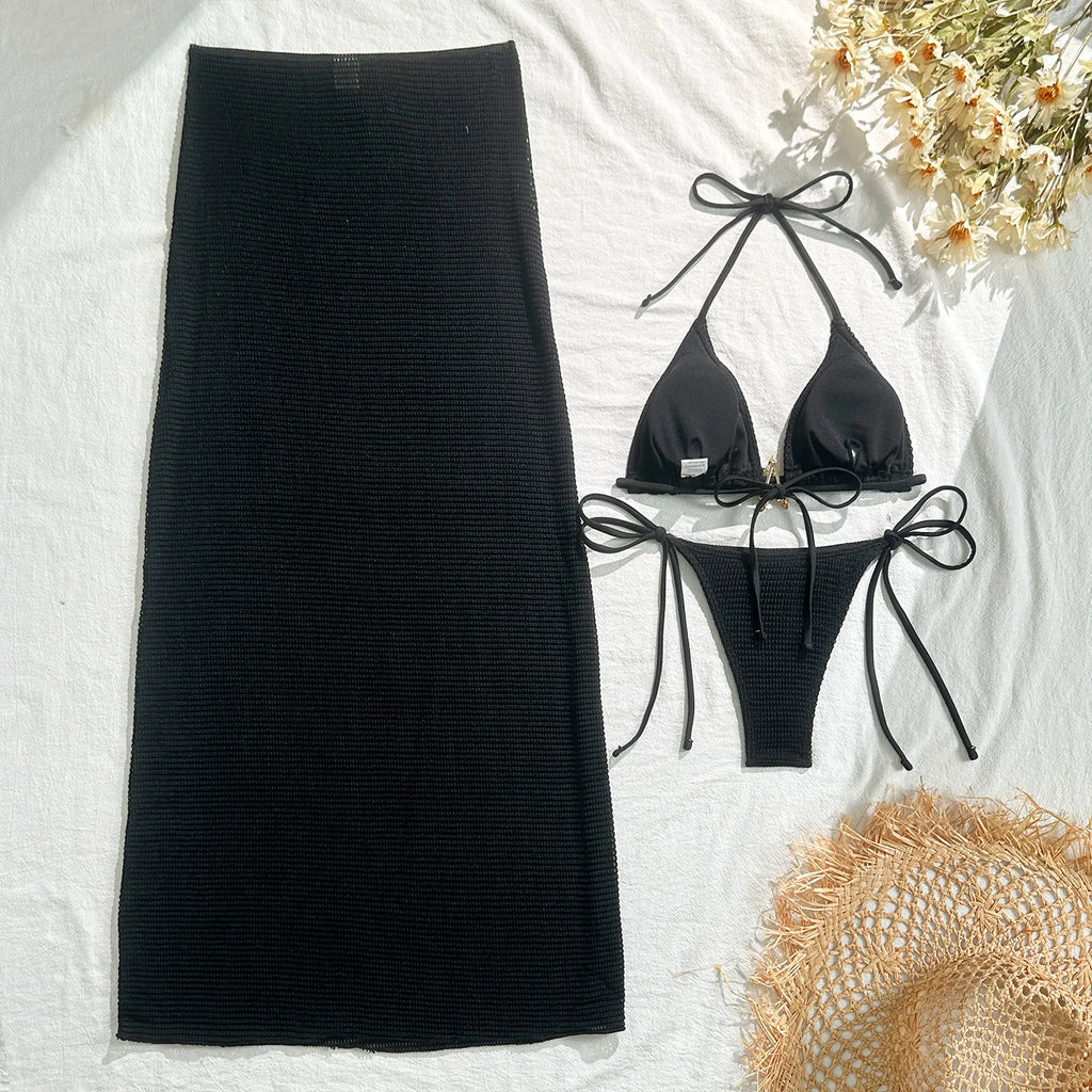 Solid Color 3 Piece Bikini Set with Mesh Skirt - Starfish Swimsuit for Women