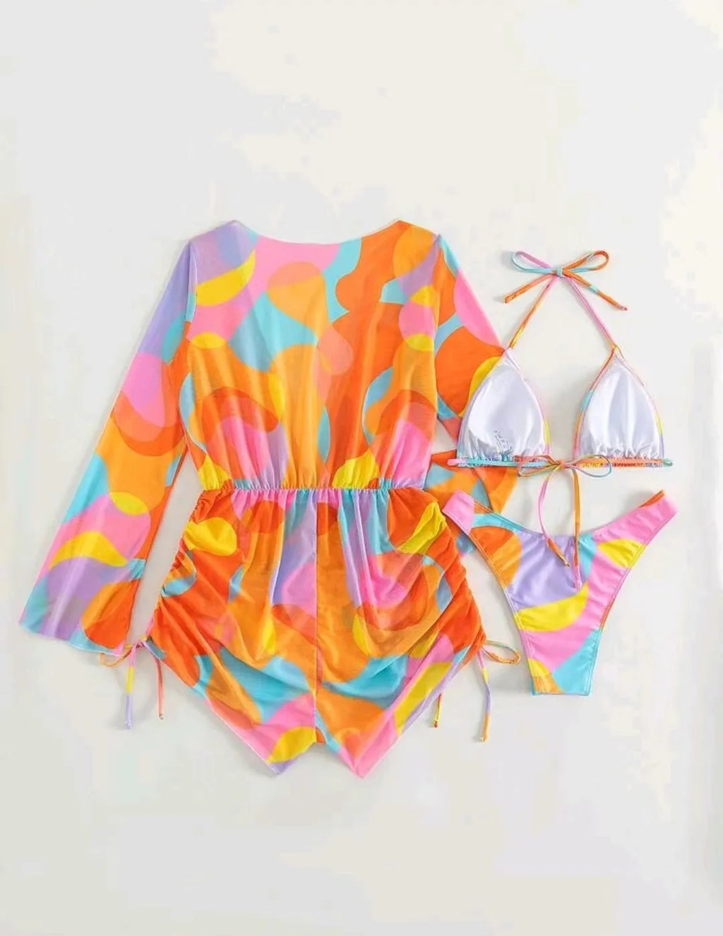 Print 3 Piece Bikini Set with Long Sleeve - Women's Cross Halter Swimwear for Beach