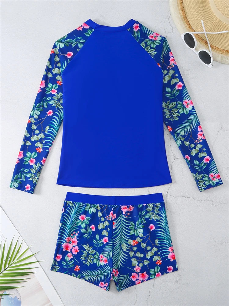 Women's Long Sleeve Tankini Swimwear Set - High Waist Boxer Shorts 2 Piece Beachwear