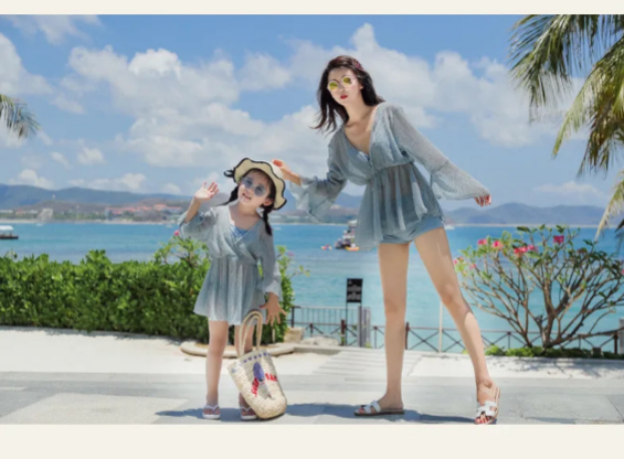 Mother-Daughter Matching Swimsuit Set | Long Sleeve Sun Protection Cover Up & Bikini 3-Piece