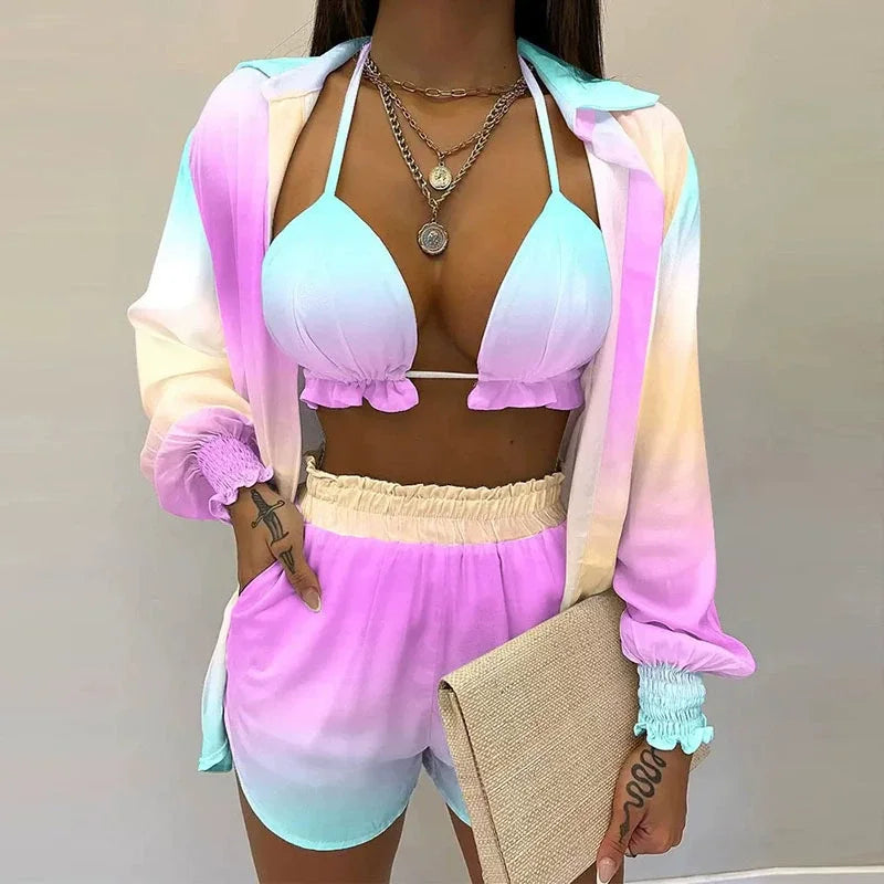 Women's 3-Piece High Waist Bikini Set | Print Swimwear with Shorts Cover Up