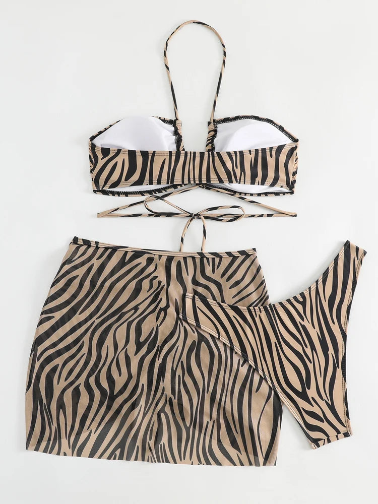 Vigorashely Women's Leopard 3-Piece Bikini Set | Halter Push Up Mesh Skirt Swimwear
