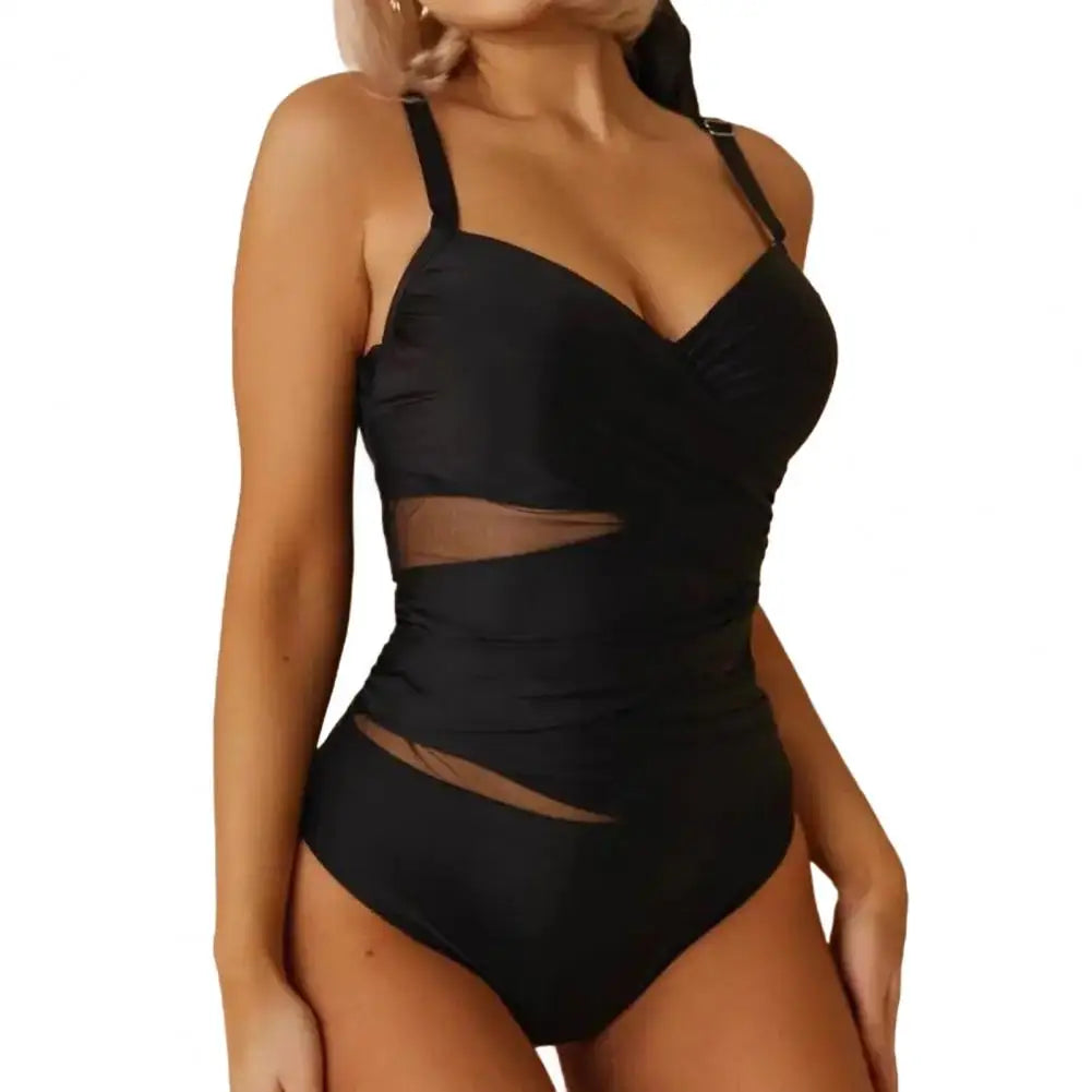 Black Mesh One Piece Swimsuit - with Tummy Control & Stylish Cutouts for the Beach
