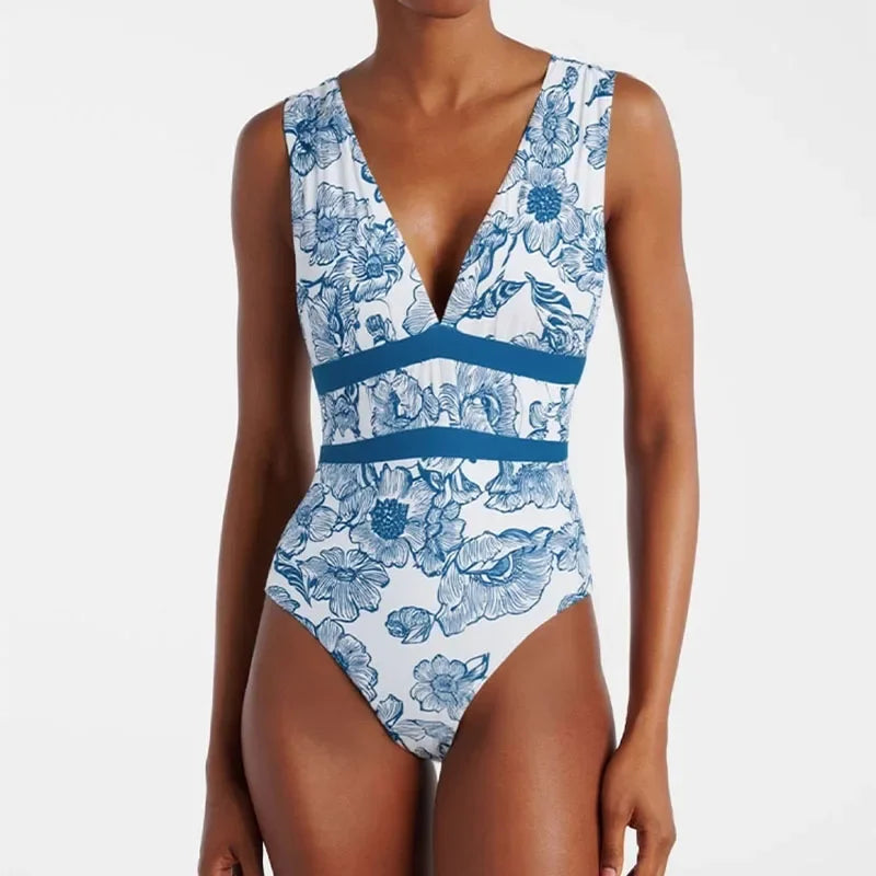 Women's Deep V-Neck One-Piece Swimsuit | Print Beachwear with Slimming Effect