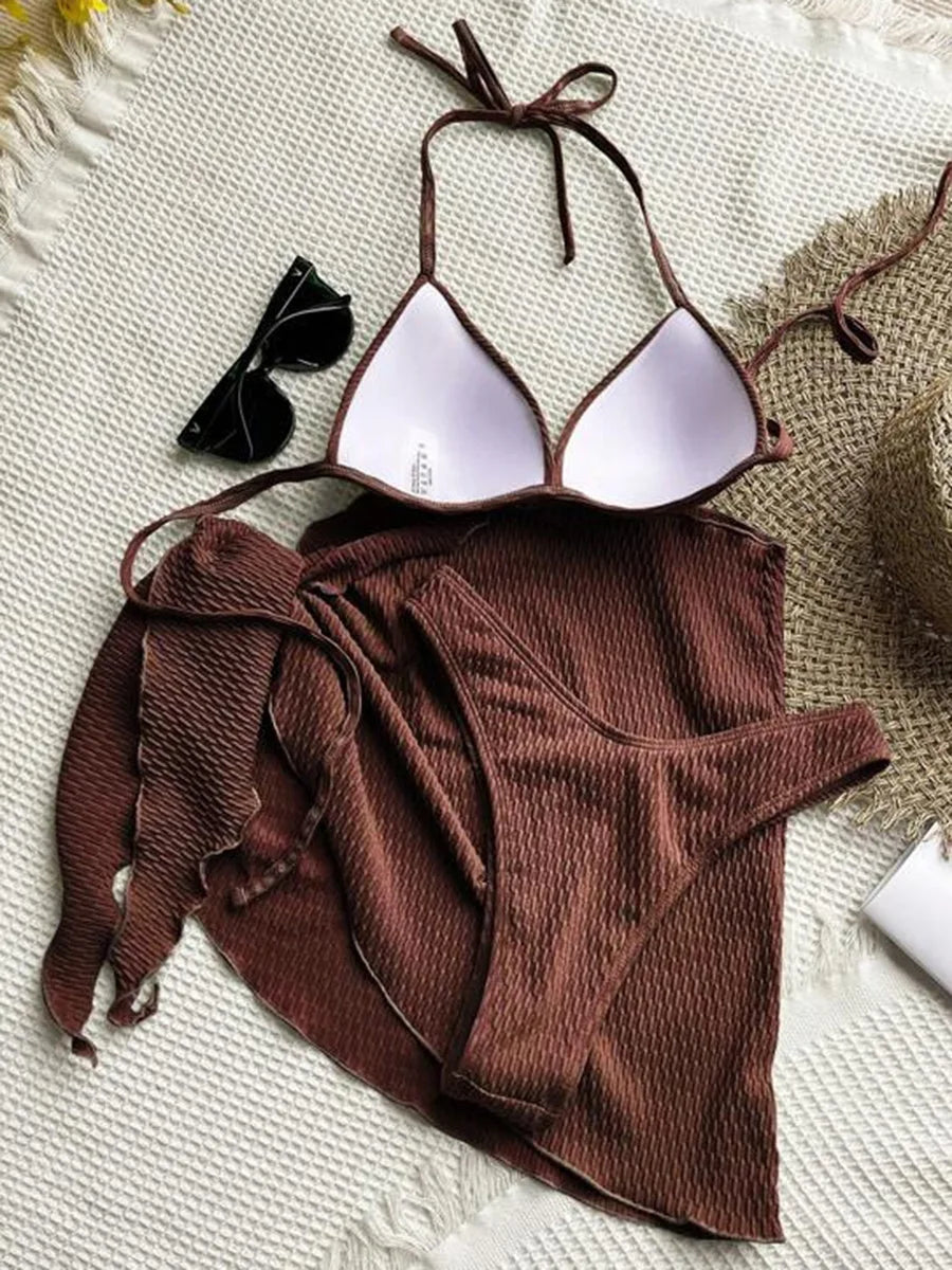 Women's 3-Piece Wrinkled Bikini Set | Push Up Swimwear with Beach Sarong