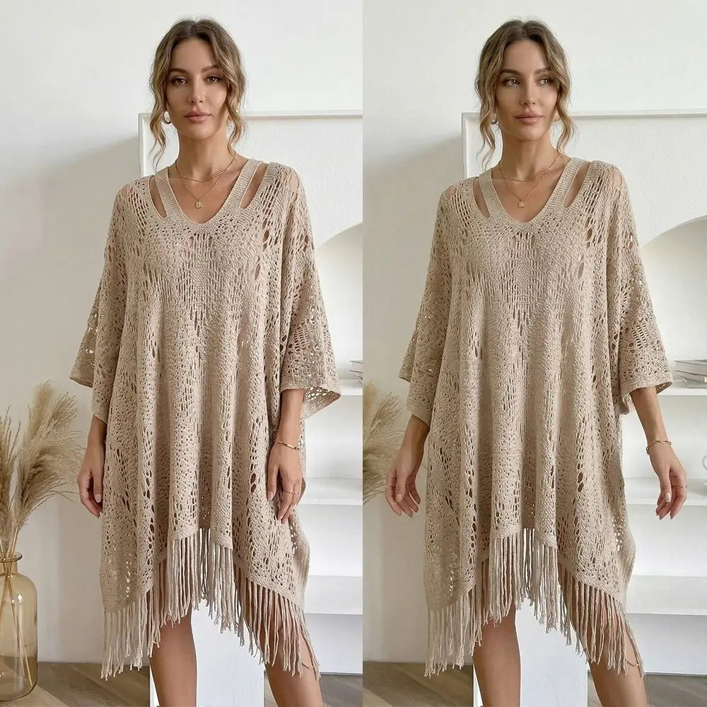 Women's Crochet Beach Shawl | Bohemian Tassel Sun Protection Cover Up