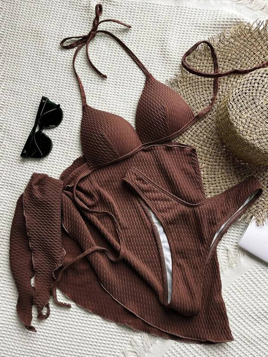 Women's 3-Piece Wrinkled Bikini Set | Push Up Swimwear with Beach Sarong