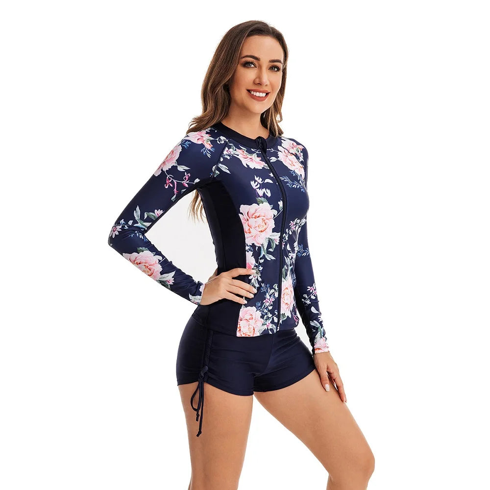 Women's 2 Piece Print Swimsuit Set - Long Sleeve Top with Shorts for Surfing & Beach