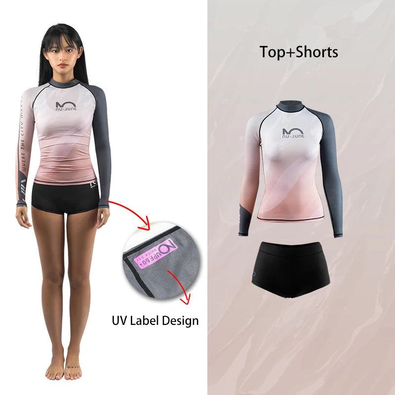 Nu-June Women's Long Sleeve Rash Guard Set | UPF 50+ Push Up Swimsuit with High Waist Bottoms