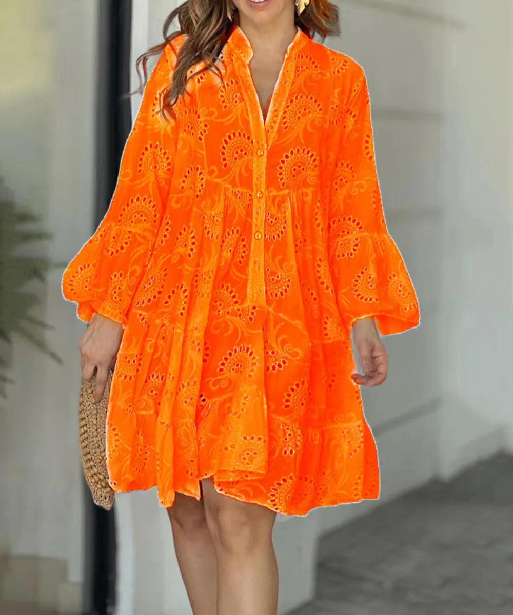 Women's Hollow Out Lace Dress - Elegant Vintage V-Neck Mini Dress with Long Sleeves