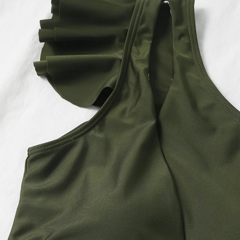 One Shoulder Ruffle Bikini Set - Solid High Waist Padded Swimwear for Women | 2025