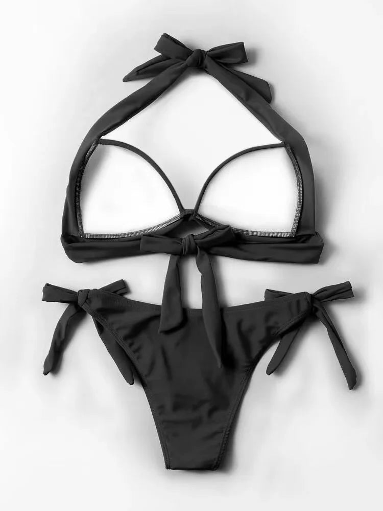 Solid Color Strap Bikini Set - Anti-Wrinkle Comfortable Swimwear for Pool Parties