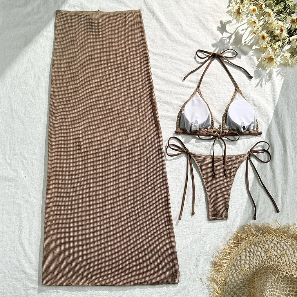 Solid Color 3 Piece Bikini Set with Mesh Skirt - Starfish Swimsuit for Women