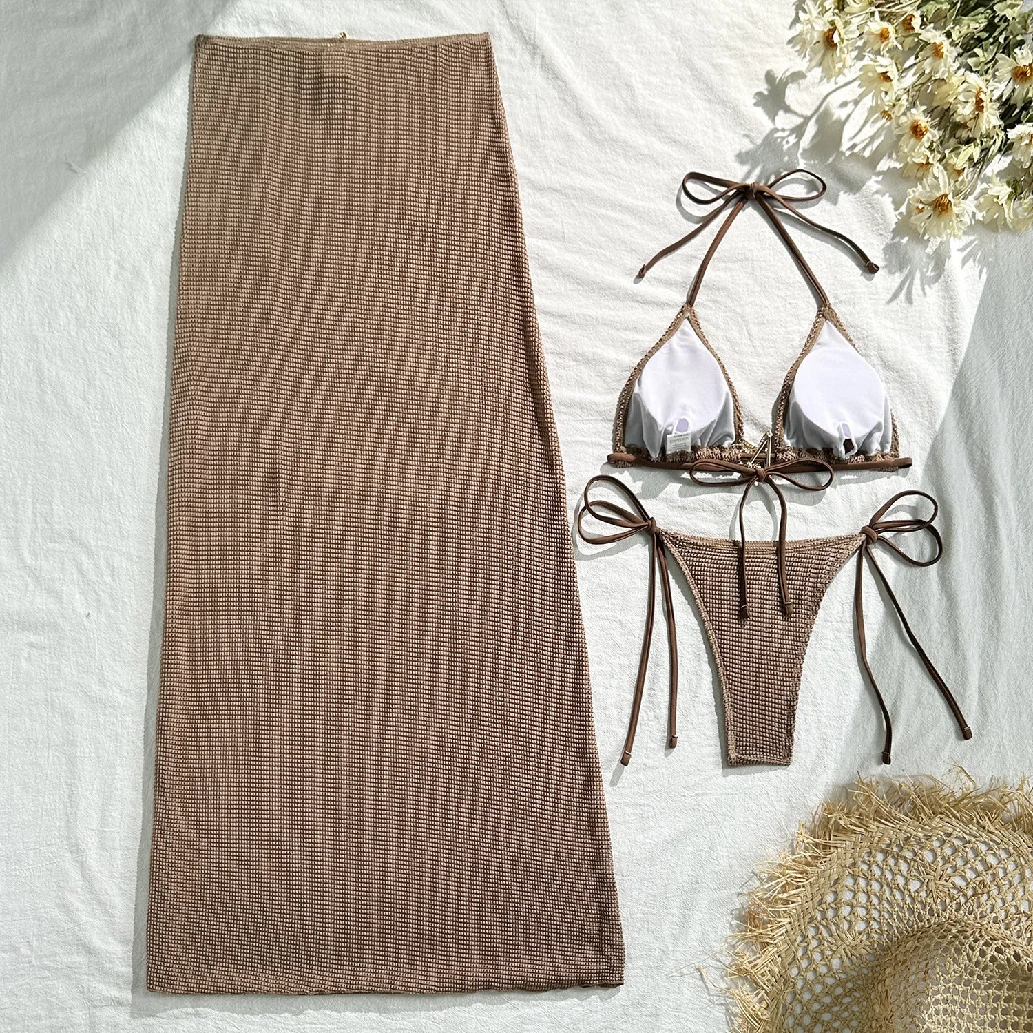 Solid Color 3 Piece Bikini Set with Mesh Skirt - Starfish Swimsuit for Women