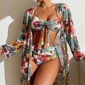 Floral Print 3 Piece Bikini Set with Mesh Blouse - Long Sleeve High Waisted Swimsuit