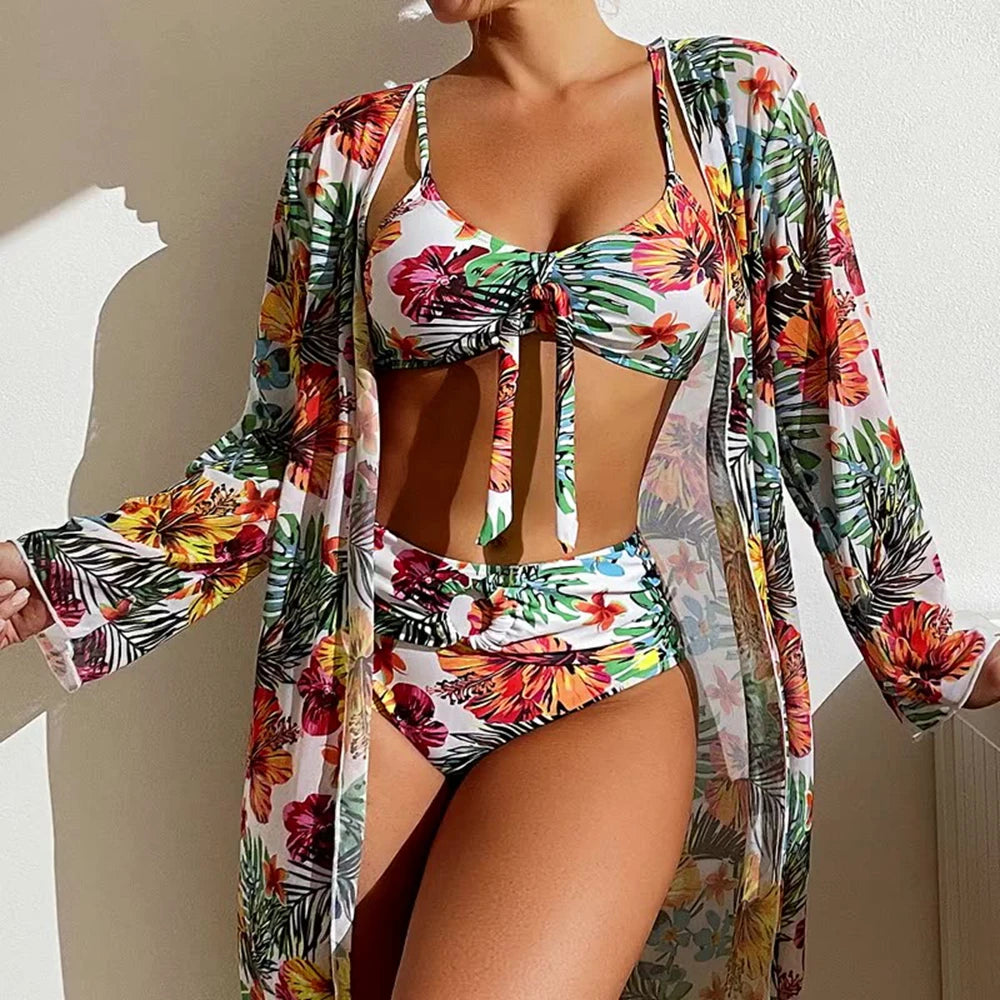 Floral Print 3 Piece Bikini Set with Mesh Blouse - Long Sleeve High Waisted Swimsuit
