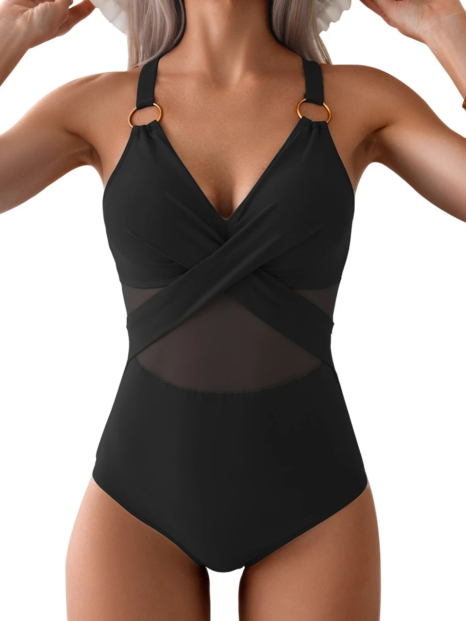Women's Ruched One Piece Swimsuit - Plain Ring Link Design Swim Bodysuit for Beach