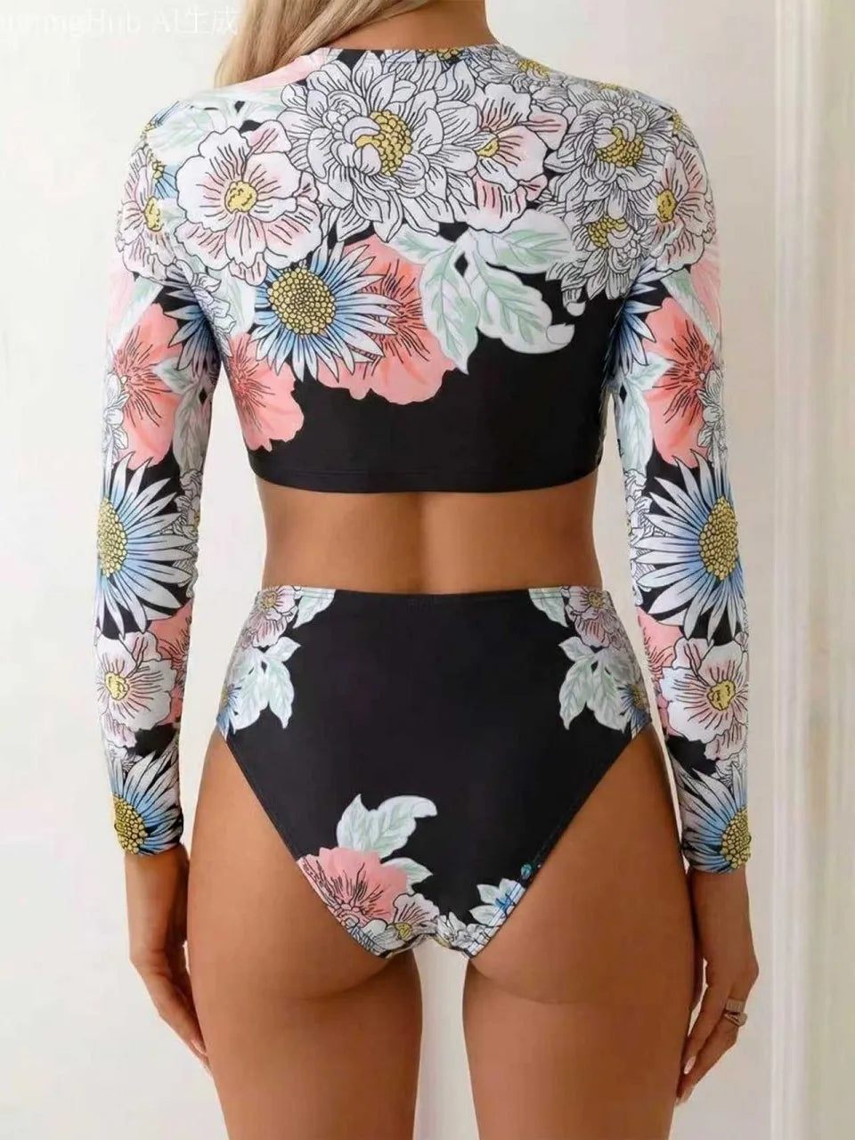 Women's Long Sleeve Floral Print Surfing Swimsuit | Two-Piece Rash Guard Set