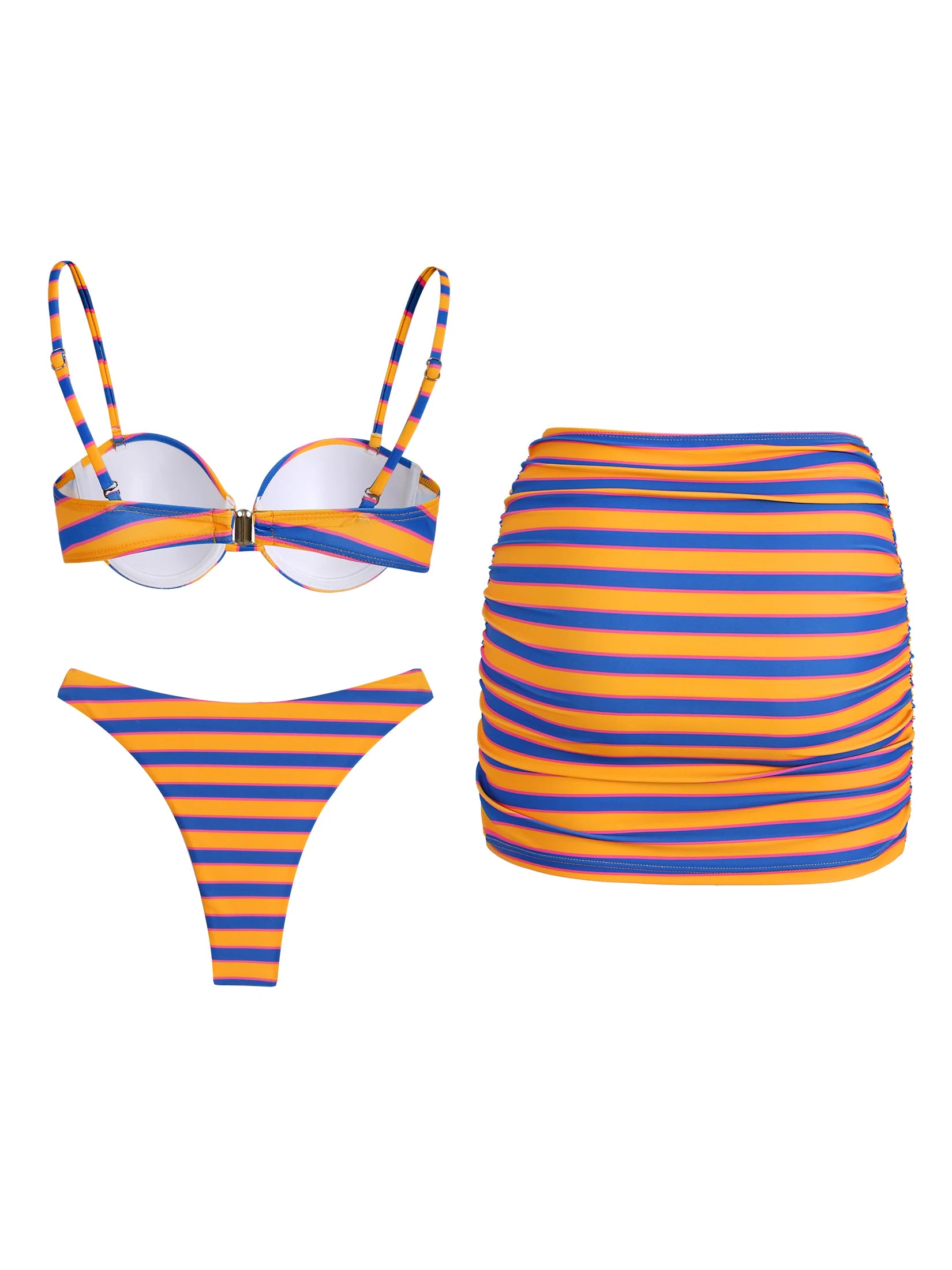 Women's Striped 3-Piece Bikini Set | Triangle Swimsuit with Mini Skirt