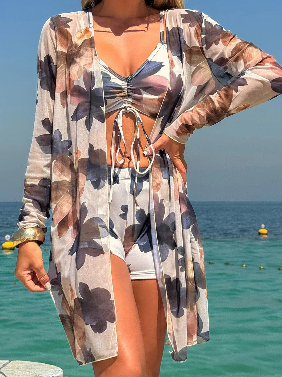 Tie Dye 3 Piece Bikini Set with Shorts - Drawstring Front High Waist Swimwear