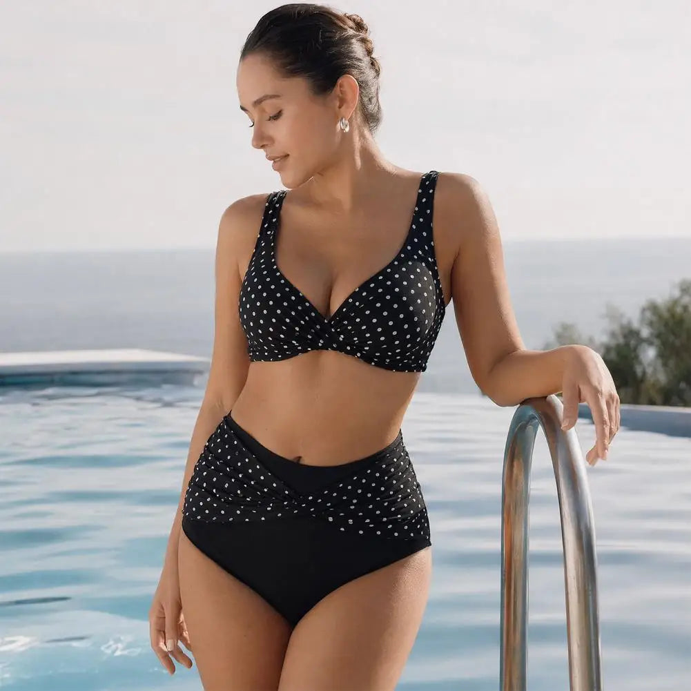Plus Size Retro Dot Bikini Set | Cross-Chest V-Neck with Built-In Support & High Waist Bottoms
