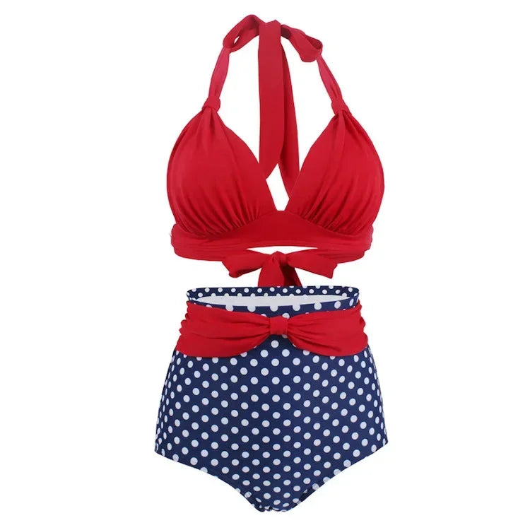 Women's Dot Print High Waist Bikini Set | Push Up Plus Size Swimwear with Bandage Detail
