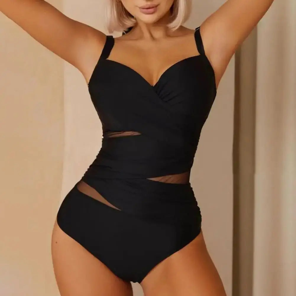 Black Mesh One Piece Swimsuit - with Tummy Control & Stylish Cutouts for the Beach