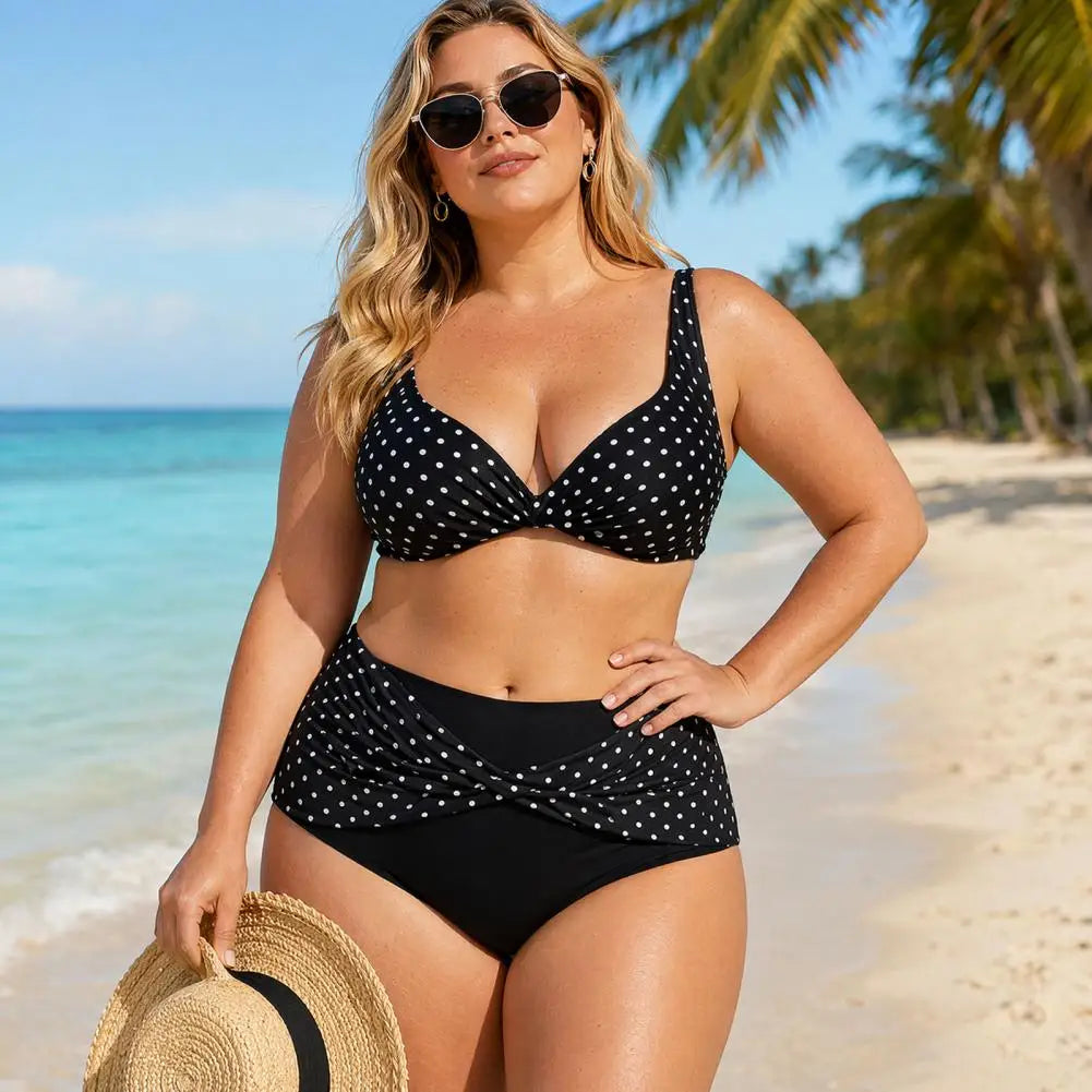 Plus Size Retro Dot Bikini Set | Cross-Chest V-Neck with Built-In Support & High Waist Bottoms