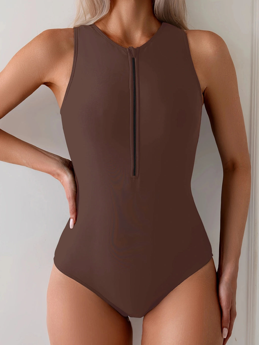 Women's Sporty Slim One Piece Swimsuit | Zipper Front Sleeveless Swimwear Up to XXL