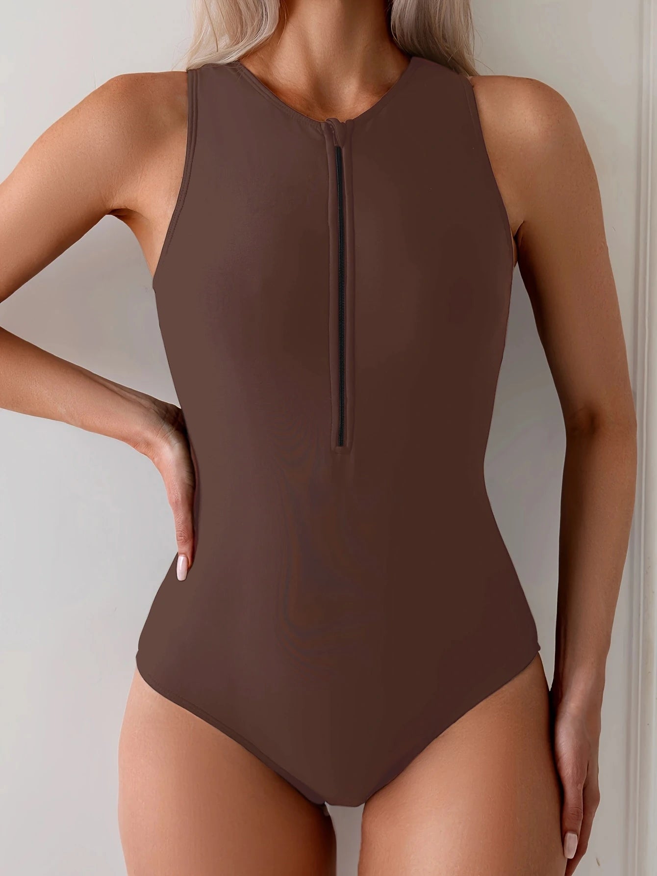Women's Sporty Slim One Piece Swimsuit | Zipper Front Sleeveless Swimwear Up to XXL