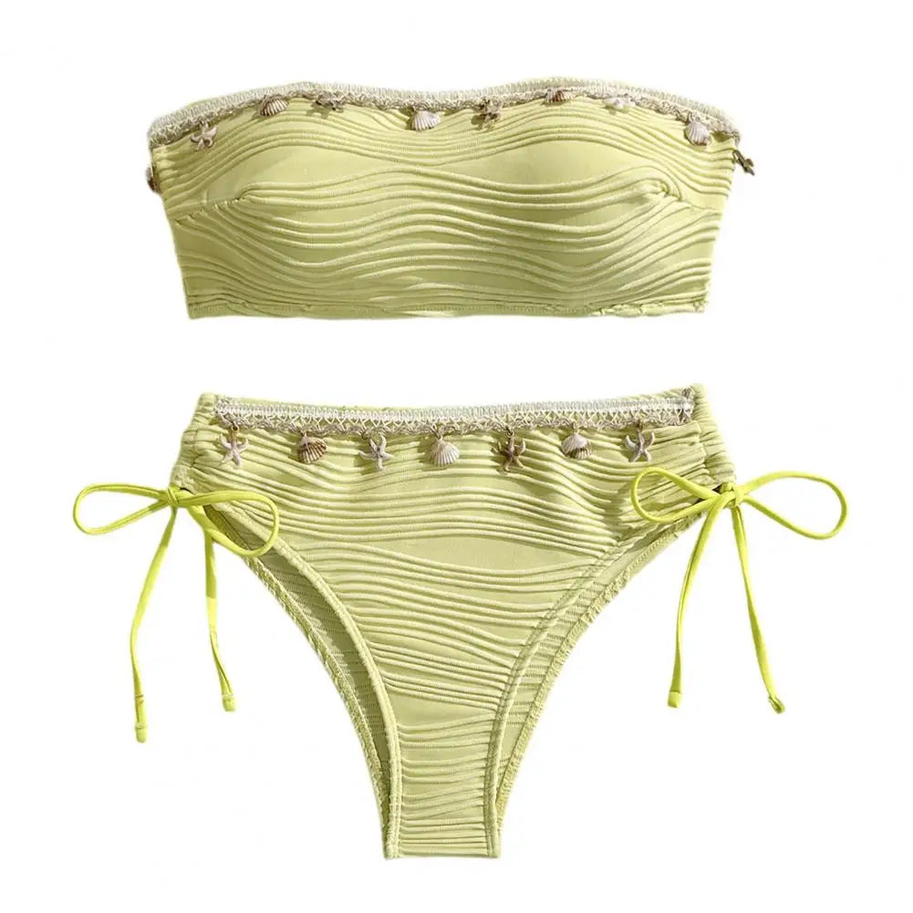 Women's Solid Tube Top Bikini Set | High Waist Swimsuit with Shell Decor