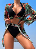 Print 3 Piece Bikini Set with Kimono - Halter High Waist Swimsuit for Women