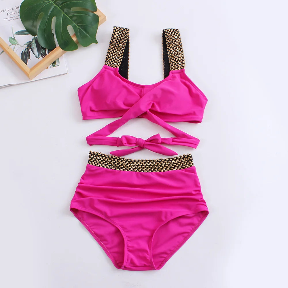 Black Cross High Waist Bikini Set - Solid Swimsuit for Women | 2025 Summer Beachwear
