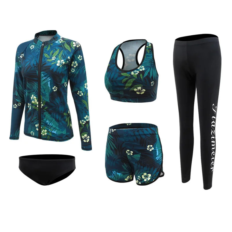 Women's 5-Piece Long Sleeve Rash Guard Set | UV/SPF Swim Shirt & Leggings