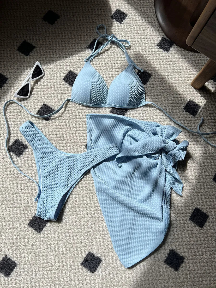 Women's 3-Piece Wrinkled Bikini Set | Push Up Swimwear with Beach Sarong