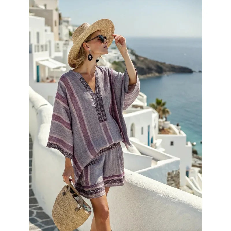 Women's Bohemian Striped V-Neck Shorts Set | Casual Beach Vacation Two Piece Outfit