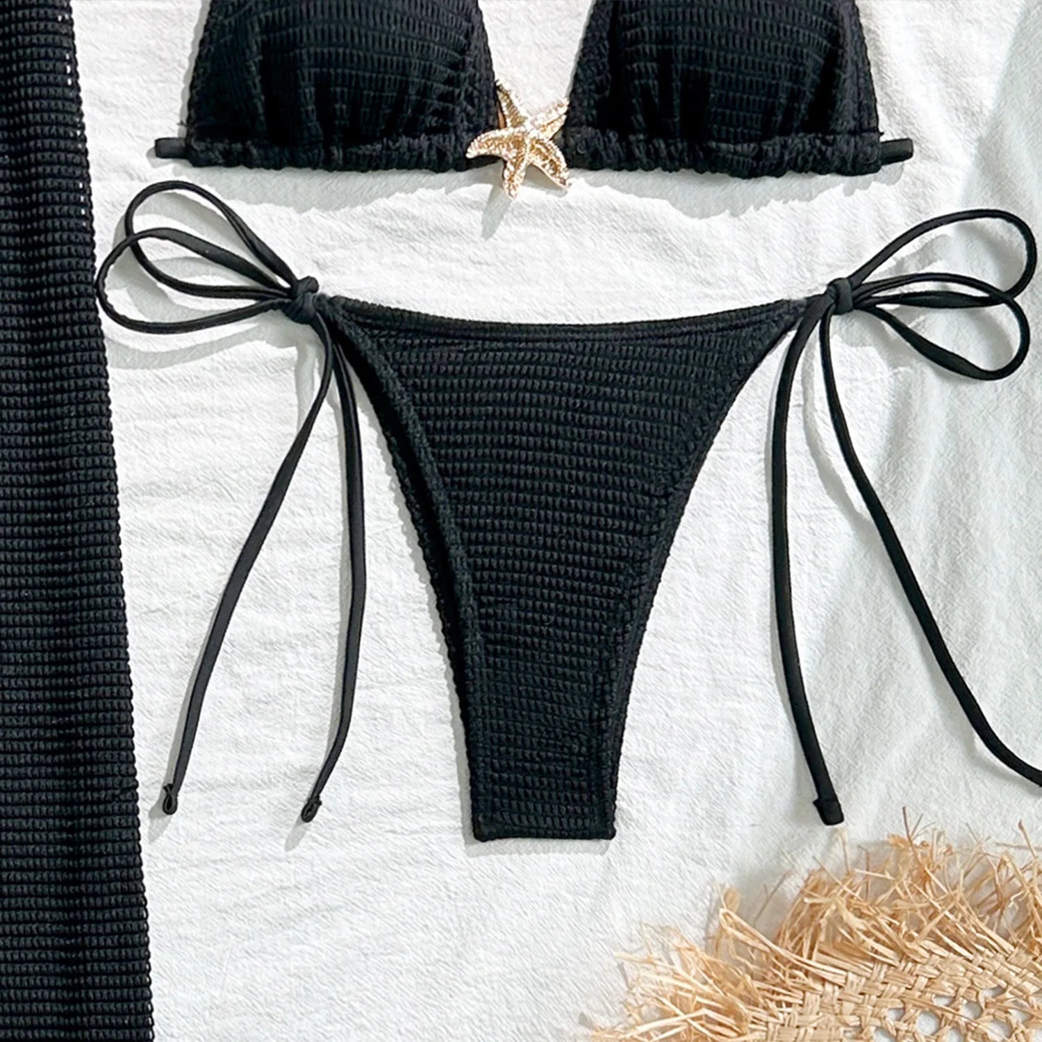 Solid Color 3 Piece Bikini Set with Mesh Skirt - Starfish Swimsuit for Women