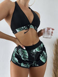 Leaf Print 3 Piece Bikini Set - Women's Sexy High Waist Swimsuit for the Beach