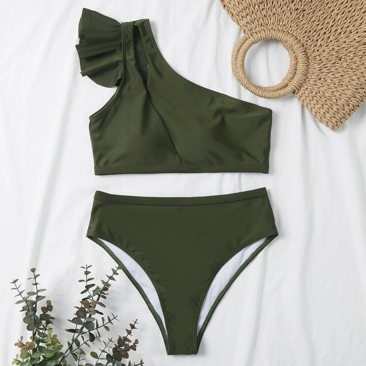 One Shoulder Ruffle Bikini Set - Solid High Waist Padded Swimwear for Women | 2025